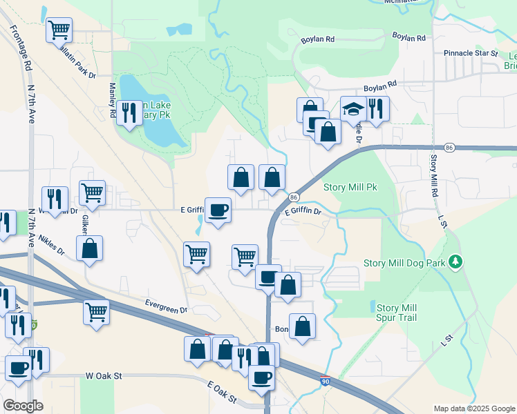 map of restaurants, bars, coffee shops, grocery stores, and more near 2104 North Rouse Avenue in Bozeman