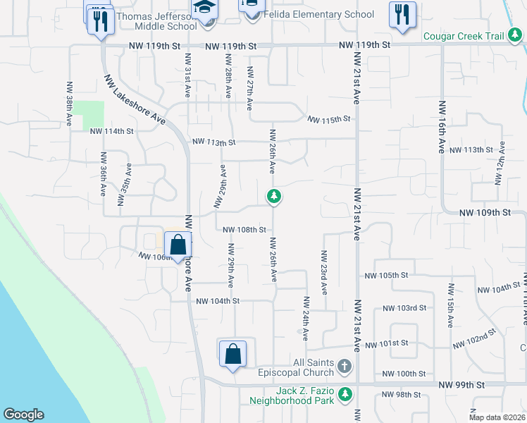 map of restaurants, bars, coffee shops, grocery stores, and more near 2609 Northwest 109th Street in Vancouver