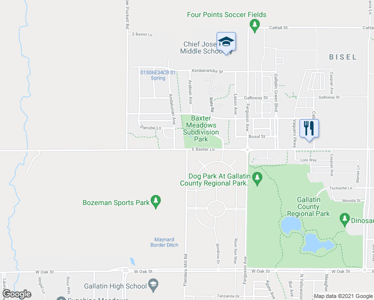 map of restaurants, bars, coffee shops, grocery stores, and more near 2236 East Baxter Lane in Bozeman