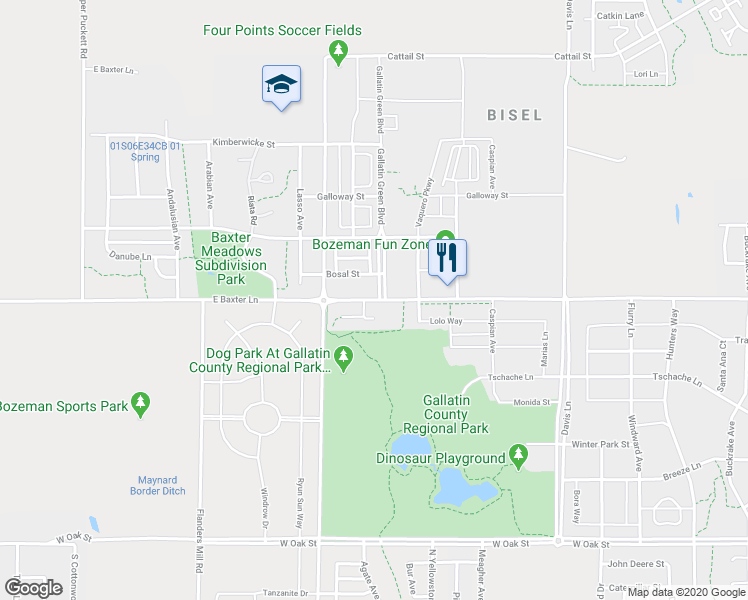 map of restaurants, bars, coffee shops, grocery stores, and more near 2238 East Baxter Lane in Bozeman