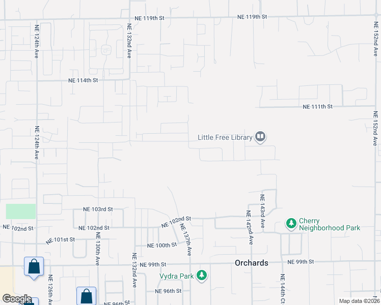 map of restaurants, bars, coffee shops, grocery stores, and more near 13705 Northeast 108th Street in Orchards