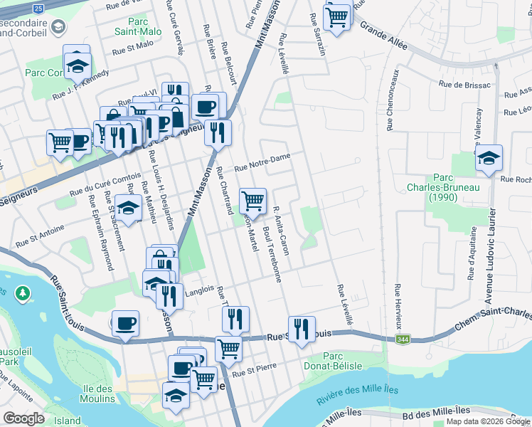 map of restaurants, bars, coffee shops, grocery stores, and more near 663 Boulevard de Terrebonne in Terrebonne