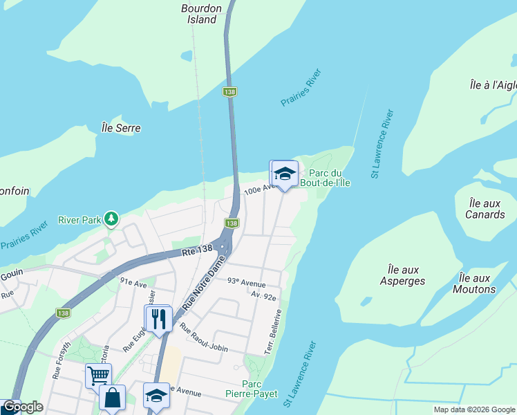 map of restaurants, bars, coffee shops, grocery stores, and more near 16341 Rue Marion in Montréal