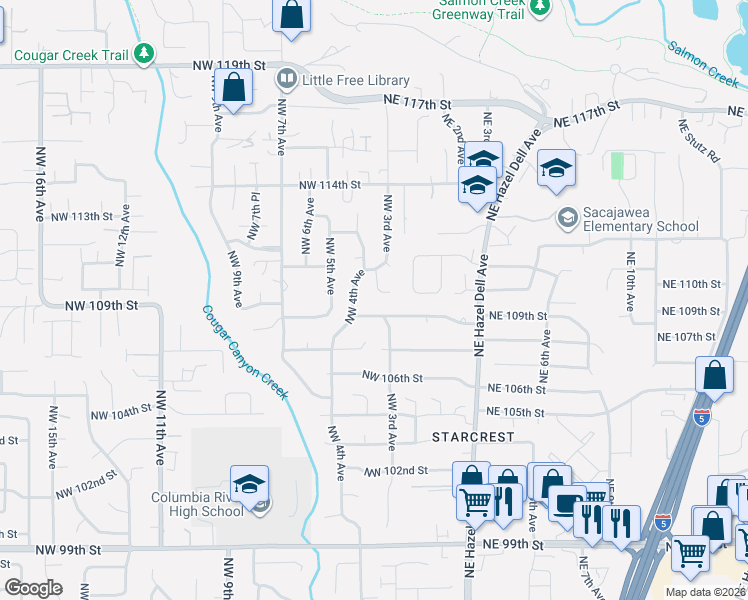 map of restaurants, bars, coffee shops, grocery stores, and more near 10908 Northwest 3rd Court in Vancouver