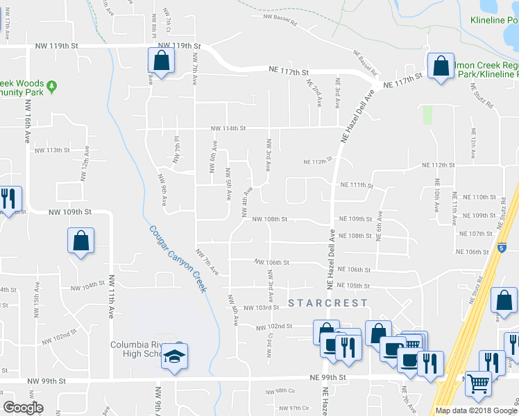 map of restaurants, bars, coffee shops, grocery stores, and more near 10908 Northwest 3rd Court in Vancouver