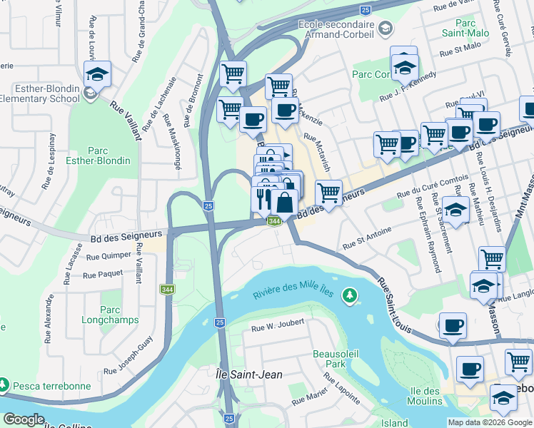 map of restaurants, bars, coffee shops, grocery stores, and more near 1275 Boulevard des Seigneurs in Terrebonne