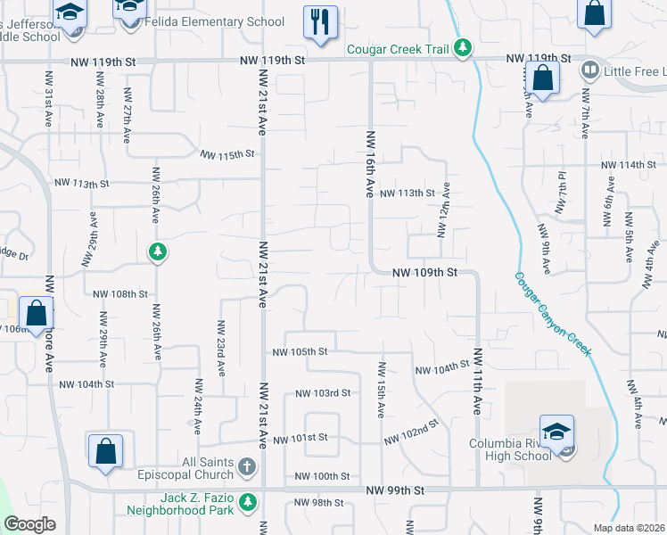 map of restaurants, bars, coffee shops, grocery stores, and more near 1714 Northwest 109th Street in Vancouver