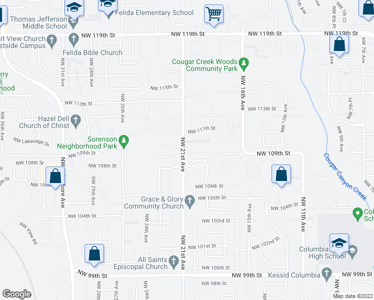 map of restaurants, bars, coffee shops, grocery stores, and more near 10907 Northwest 21st Avenue in Vancouver