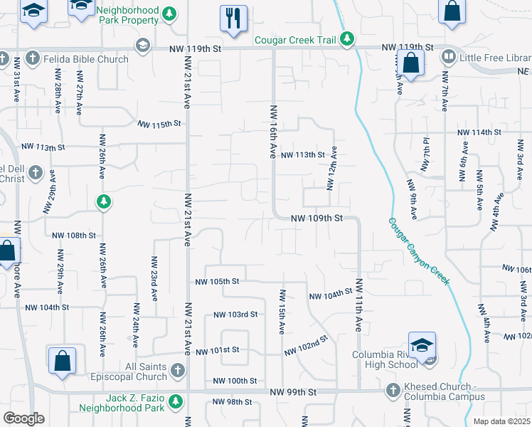 map of restaurants, bars, coffee shops, grocery stores, and more near 1606 Northwest 109th Street in Vancouver