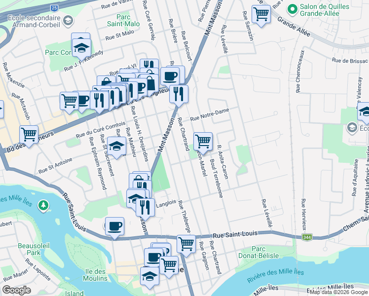 map of restaurants, bars, coffee shops, grocery stores, and more near 694 Rue Chartrand in Terrebonne