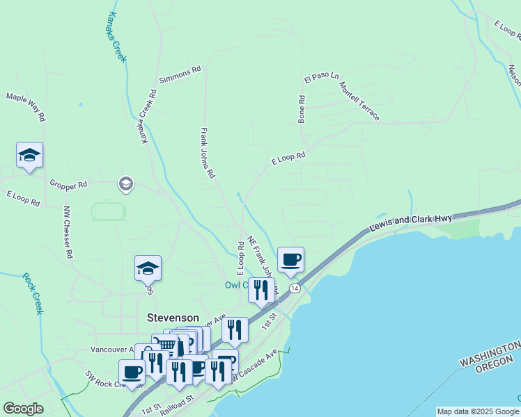 map of restaurants, bars, coffee shops, grocery stores, and more near 6861 East Loop Road in Stevenson