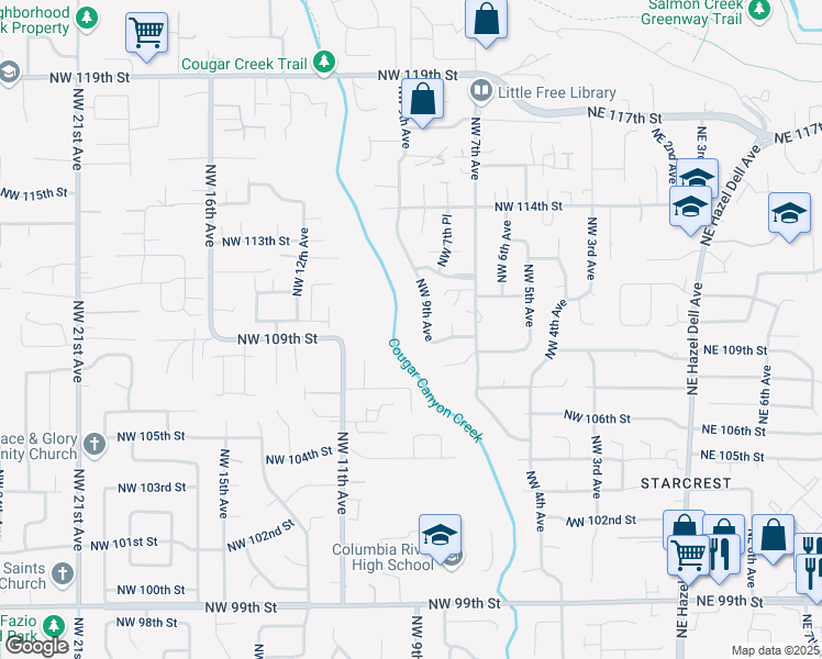 map of restaurants, bars, coffee shops, grocery stores, and more near 10907 Northwest 9th Avenue in Vancouver