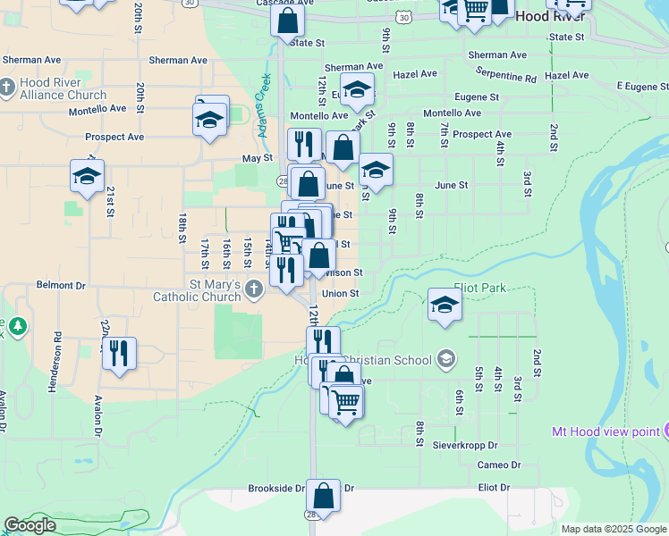 map of restaurants, bars, coffee shops, grocery stores, and more near 1028 Wilson Street in Hood River