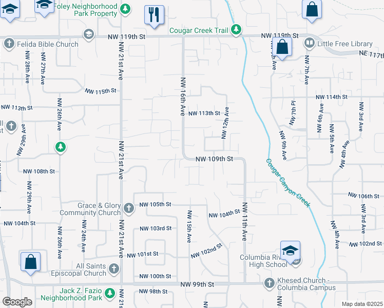map of restaurants, bars, coffee shops, grocery stores, and more near 1504 Northwest 109th Street in Vancouver