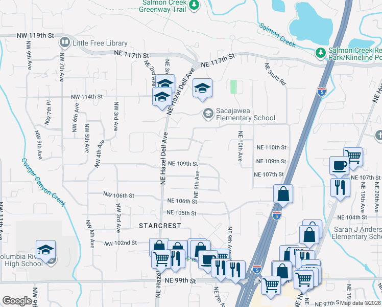 map of restaurants, bars, coffee shops, grocery stores, and more near 503 Northeast 110th Street in Vancouver