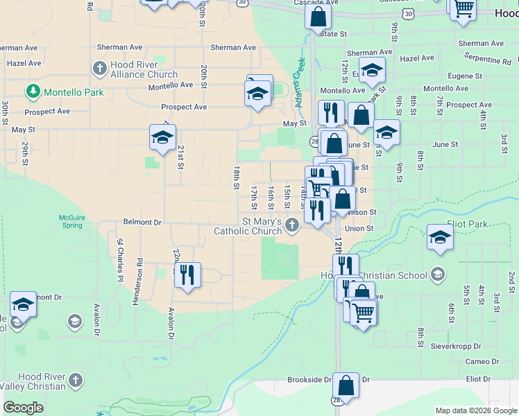map of restaurants, bars, coffee shops, grocery stores, and more near 1616 A Street in Hood River