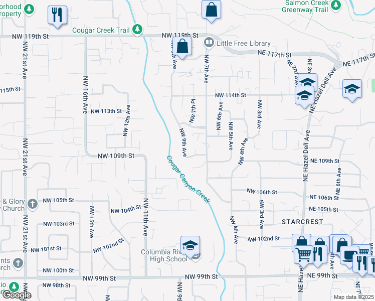 map of restaurants, bars, coffee shops, grocery stores, and more near 10907 Northwest 9th Avenue in Vancouver