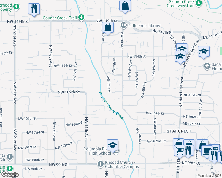 map of restaurants, bars, coffee shops, grocery stores, and more near 10907 Northwest 9th Avenue in Vancouver