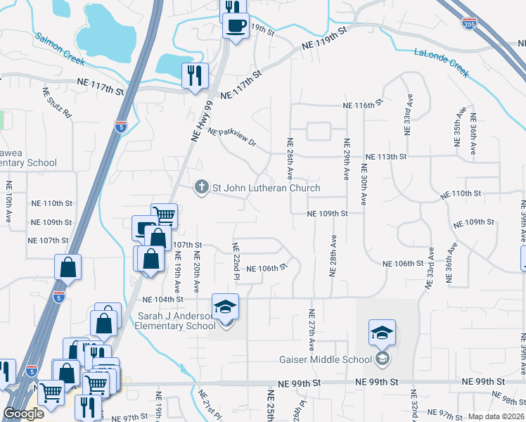 map of restaurants, bars, coffee shops, grocery stores, and more near 2320 Northeast 110th Place in Vancouver