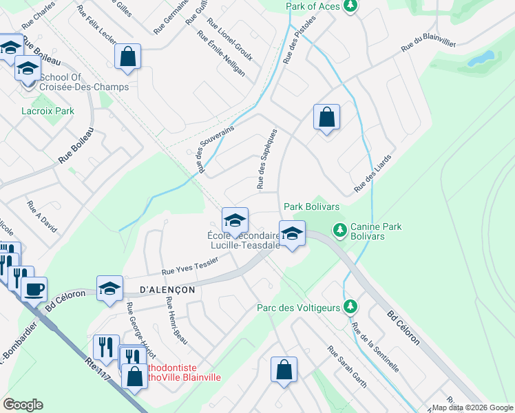 map of restaurants, bars, coffee shops, grocery stores, and more near 10 Rue des Guinées in Blainville