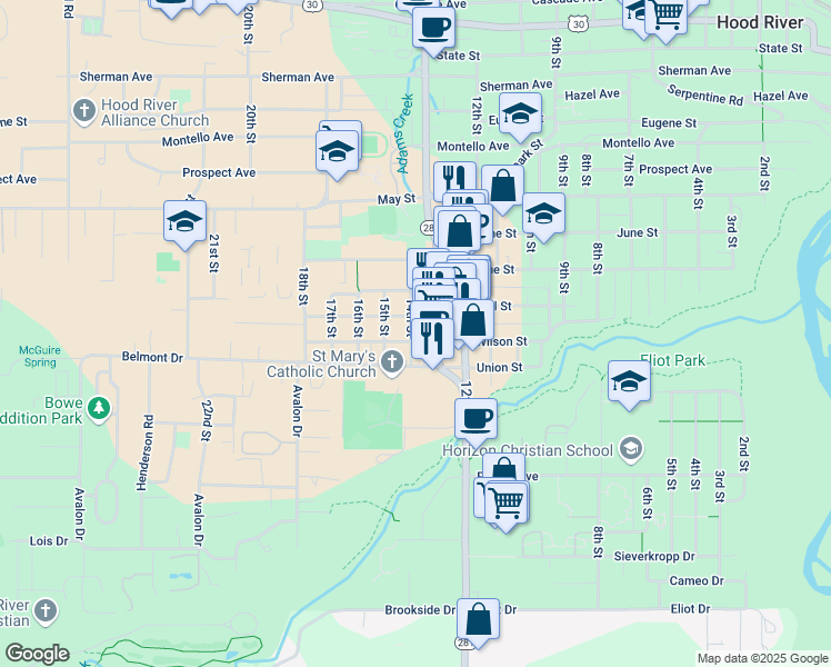 map of restaurants, bars, coffee shops, grocery stores, and more near 1316 A Street in Hood River