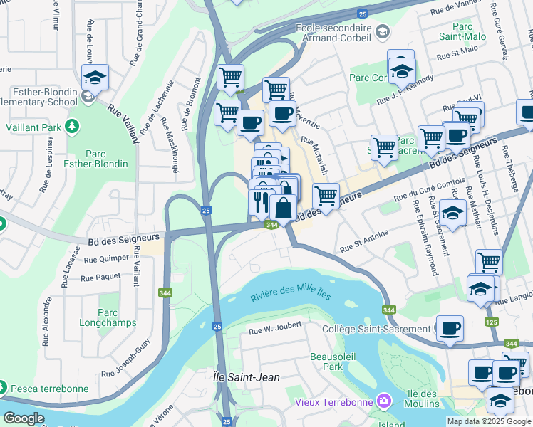 map of restaurants, bars, coffee shops, grocery stores, and more near 1030 Boulevard Moody in Terrebonne
