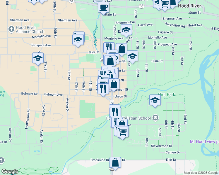 map of restaurants, bars, coffee shops, grocery stores, and more near 1314 12th St in Hood River
