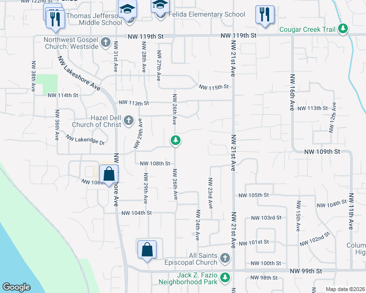 map of restaurants, bars, coffee shops, grocery stores, and more near 10909 Northwest 26th Avenue in Vancouver