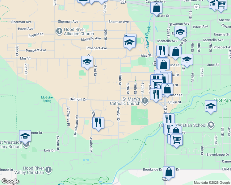 map of restaurants, bars, coffee shops, grocery stores, and more near 1815 B Street in Hood River
