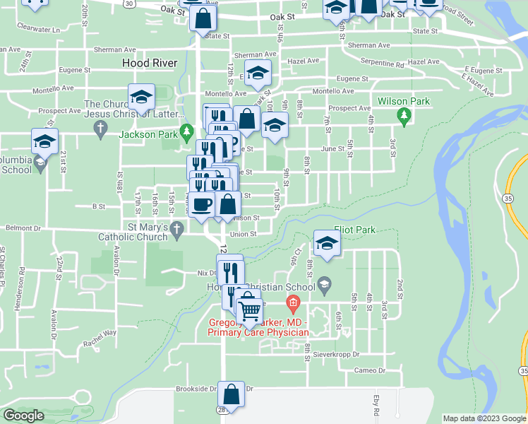 map of restaurants, bars, coffee shops, grocery stores, and more near 926 Wilson Street in Hood River