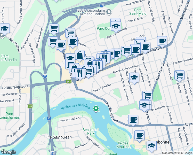 map of restaurants, bars, coffee shops, grocery stores, and more near 933 Rue Saint-Michel in Terrebonne