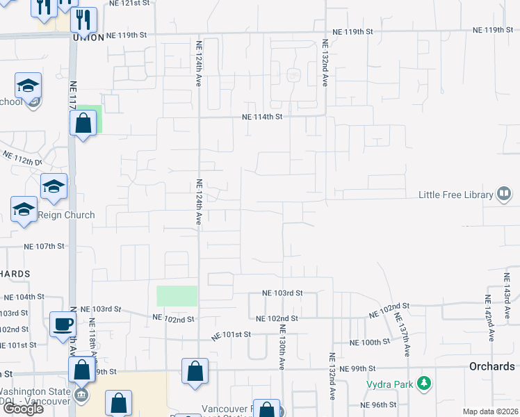 map of restaurants, bars, coffee shops, grocery stores, and more near 10804 Northeast 130th Avenue in Vancouver