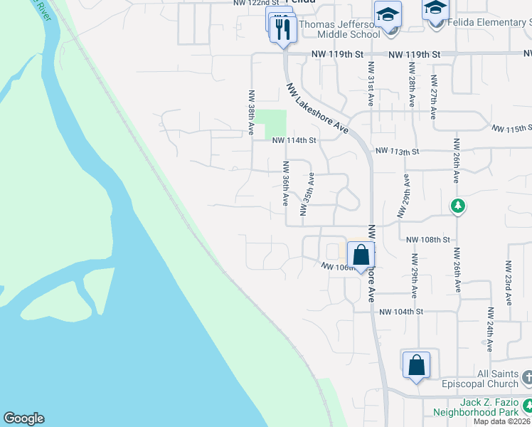 map of restaurants, bars, coffee shops, grocery stores, and more near 10915 Northwest 37th Avenue in Vancouver