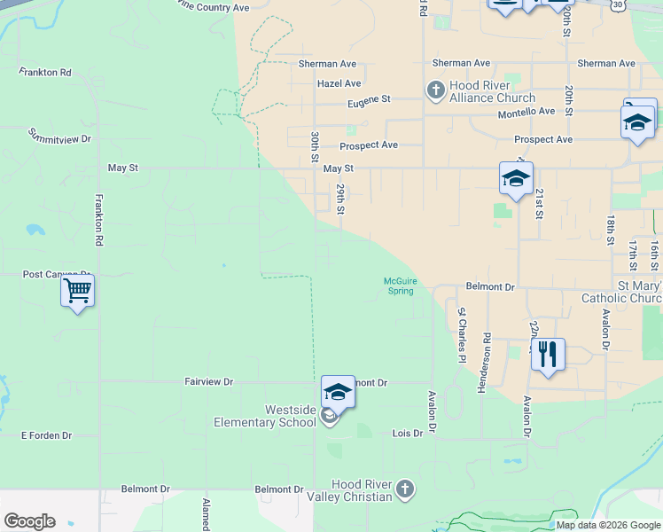 map of restaurants, bars, coffee shops, grocery stores, and more near 1250 29th Street in Hood River