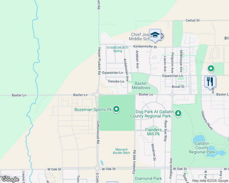 map of restaurants, bars, coffee shops, grocery stores, and more near 4555 Baxter Lane in Bozeman