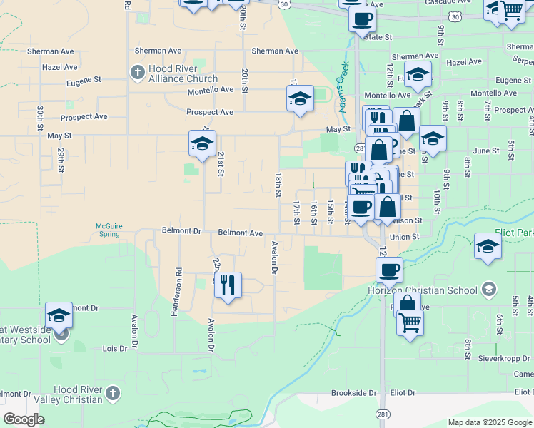 map of restaurants, bars, coffee shops, grocery stores, and more near 1817 B Street in Hood River