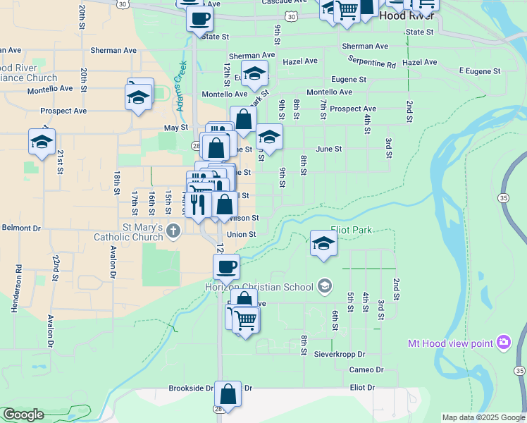 map of restaurants, bars, coffee shops, grocery stores, and more near 916 Wilson Street in Hood River