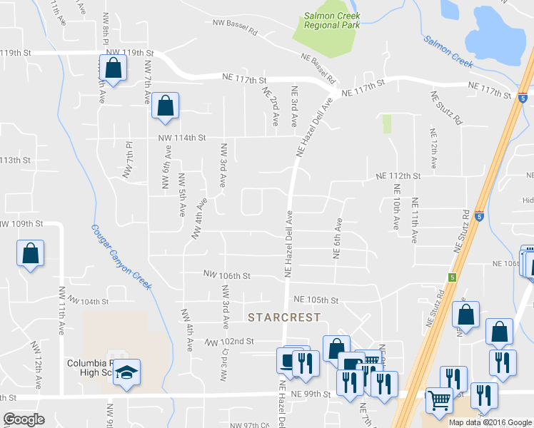 map of restaurants, bars, coffee shops, grocery stores, and more near 115 Northwest 111th Loop in Vancouver