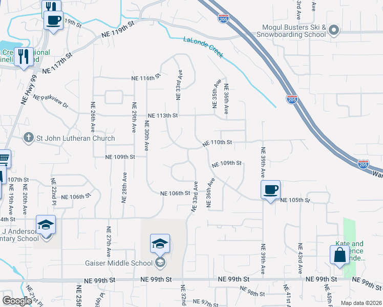 map of restaurants, bars, coffee shops, grocery stores, and more near 10921 Northeast 33rd Avenue in Vancouver