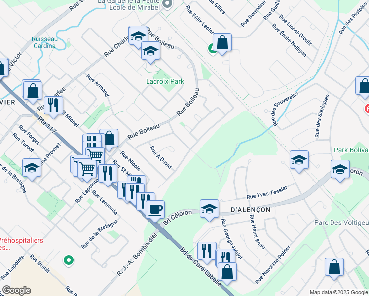 map of restaurants, bars, coffee shops, grocery stores, and more near 12960 Rue Henri Bourassa in Mirabel