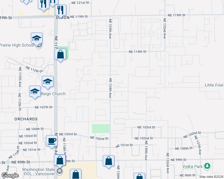 map of restaurants, bars, coffee shops, grocery stores, and more near 12400 Northeast 109th Street in Vancouver