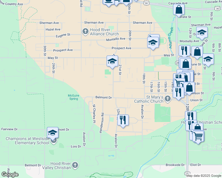 map of restaurants, bars, coffee shops, grocery stores, and more near 1310 22nd Street in Hood River