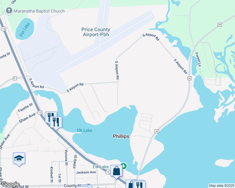 map of restaurants, bars, coffee shops, grocery stores, and more near Bayview Drive in Phillips