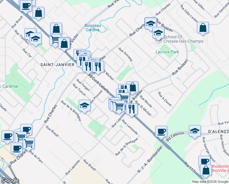map of restaurants, bars, coffee shops, grocery stores, and more near 13479 Boulevard du Curé-Labelle in Mirabel