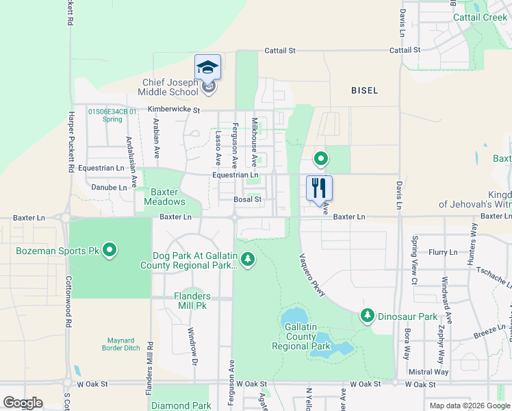 map of restaurants, bars, coffee shops, grocery stores, and more near 3905 Baxter Lane in Bozeman