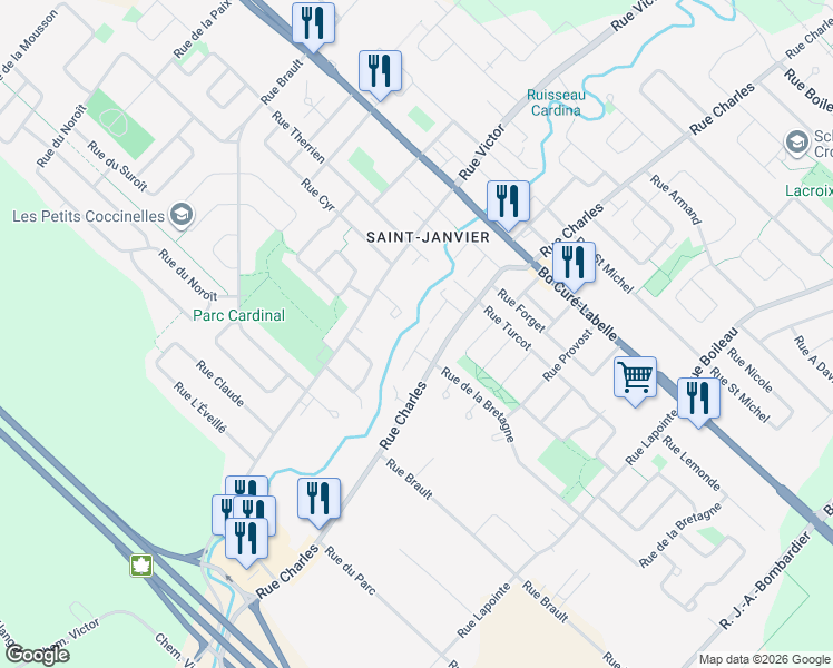 map of restaurants, bars, coffee shops, grocery stores, and more near 17815 Rue Charles in Mirabel