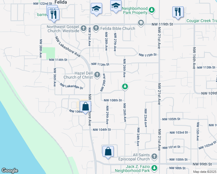 map of restaurants, bars, coffee shops, grocery stores, and more near 11004 Northwest 28th Court in Vancouver