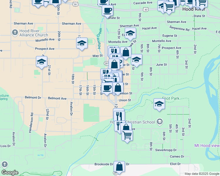 map of restaurants, bars, coffee shops, grocery stores, and more near 1314 12th Street in Hood River