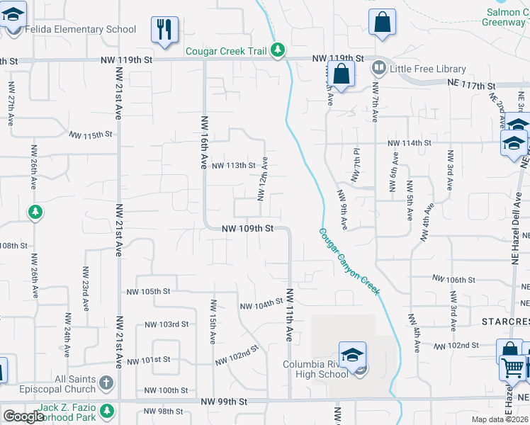 map of restaurants, bars, coffee shops, grocery stores, and more near 11001 Northwest 12th Avenue in Vancouver