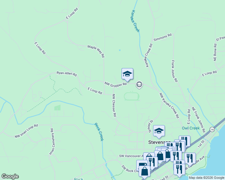 map of restaurants, bars, coffee shops, grocery stores, and more near 477 Northwest Chesser Road in Stevenson